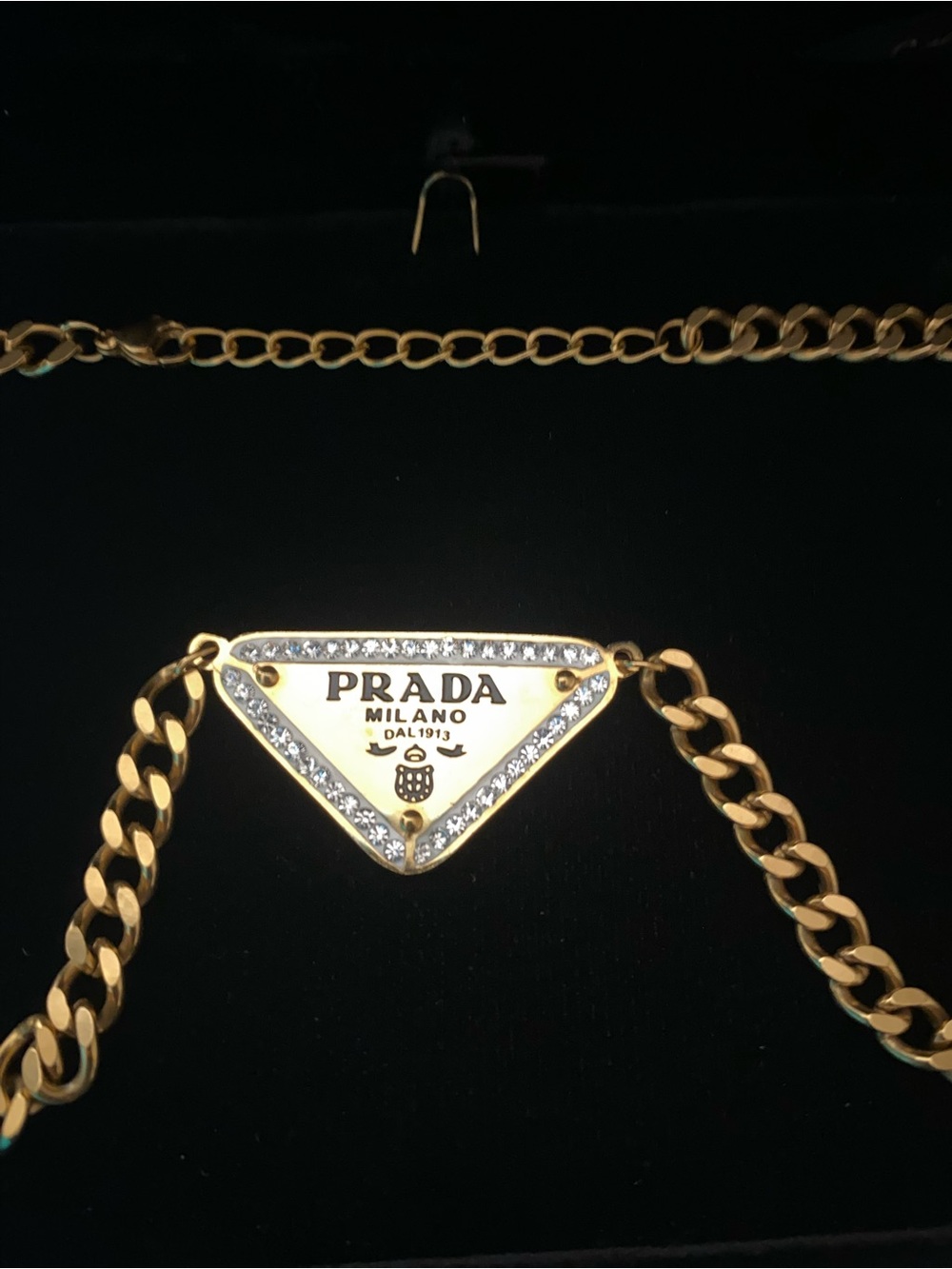 Prada Gold-Tone Crystal Triangle Logo Chain Necklace